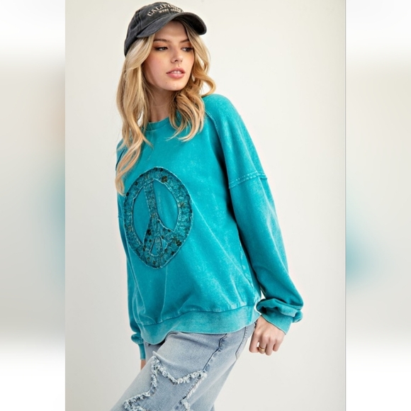 Easel Teal Peace Sign Symbol Washed Terry Pullover Sweatshirt New - Picture 4 of 5